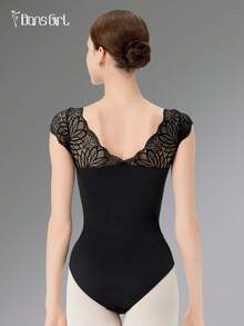 DonsGirl 1pc Women's V-Neck Lace Sleeve Dance Leotard, Sexy Lace Patchwork Slim Fit Unitard Black Spring - Black - View 11