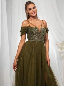 VIPGIRL Vestido de noche largo con hombros descubiertos, de malla con lentejuelas para mujer - Verde - Ver 5