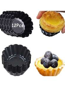 12个装不粘迷你蛋挞模具，顶部直径2.6英寸，底部直径1.65英寸，高度0.9英寸，碳钢材质，可重复使用烘焙工具 - 彩色 - 查看 1