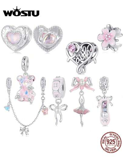 WOSTU 1pc 925 Sterling Silver Ballet Girl Heart-Shaped Bead Or Ballet Shoe Bow Bead, Swan Pendant Bead, Suitable For Women's DIY Bracelet And Necklace, Exquisite Jewelry Gift, Pink Series, Wedding Bride Jewelry