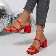 Women's Solid Color Party PU Leather Patent Thick Heel High Heel Sandals, Summer - Red - View 3