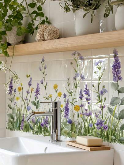 ملصق حائط بنمط زهور طبيعية للحمام، ملصق ديكور حائط بعناقيد الزهور البرية للوحدة الحمامية، ديكور حائط لاصق لإضافة جو طبيعي مريح