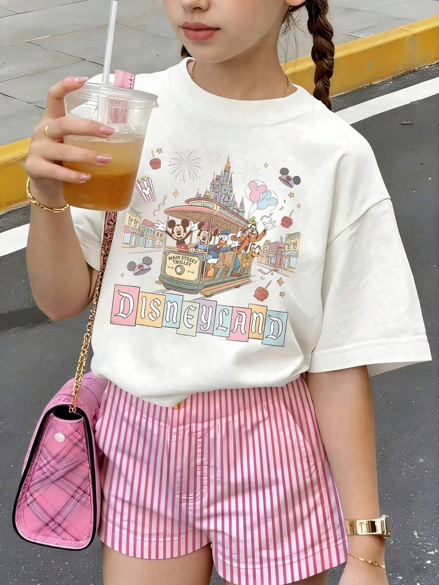 Disney Summer Tops,Disneyland Disney Mickey Mouse Print Graphic Tee, Perfect For Cute Girls. Teen Girl Gift,Comfortable And Breathable Children's Short-Sleeved T-Shirt. 180g Pure Cotton Children's Clothes,Suitable For Both Boys And Girls.Suitable For Daily Wear, Vacations, Outdoor Activities, And As A Children's Gift. - trắng - Xem 1