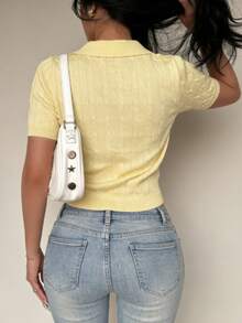 1 pieza Blusa corta de punto con cuello polo de unicolor y detalle de nudo, adecuada para verano, primavera y otoño - Amarillo - Ver 3