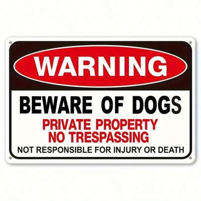 Prominent Warning Sign - No Entry, Caution: Beware Of Dog, Sturdy Metal Outdoor Decor, Red Border And Dark Background, Ideal For Yard, Garden, Or Gift, 8.0X12.0 Inches, Iron, Garden Decoration | House Number Sign | Eye-Catching Design