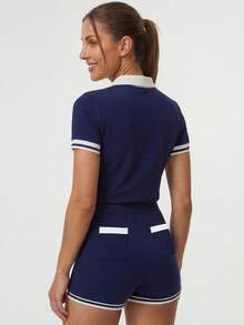 Never me 女士夏季新款短袖网球服套装，休闲高端运动修身瑜伽高尔夫连体裤，带领，舒适弹力 - 藏蓝色 - 查看 3