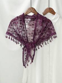 1件装女士时尚纯色蕾丝刺绣花卉流苏三角围巾，镂空小花头巾，百搭波西米亚风披肩，适合四季日常佩戴，旅行必备，假日佳品 - 花朵流蘇三角巾 - 查看 25