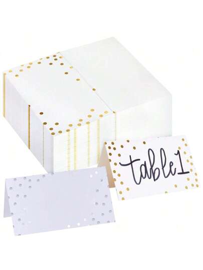 50/100张空白桌卡，用于婚礼装饰，金色箔点折叠式席位卡，银色/金色点状