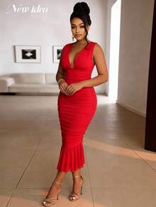 Women's Red Mesh Sleeveless Midi Dress, Elegant Sexy Fashion Pleated Fishtail Dress, Women's Party Dress, Elegant Party Dress, Fitted Midi Dress - Red - View 5