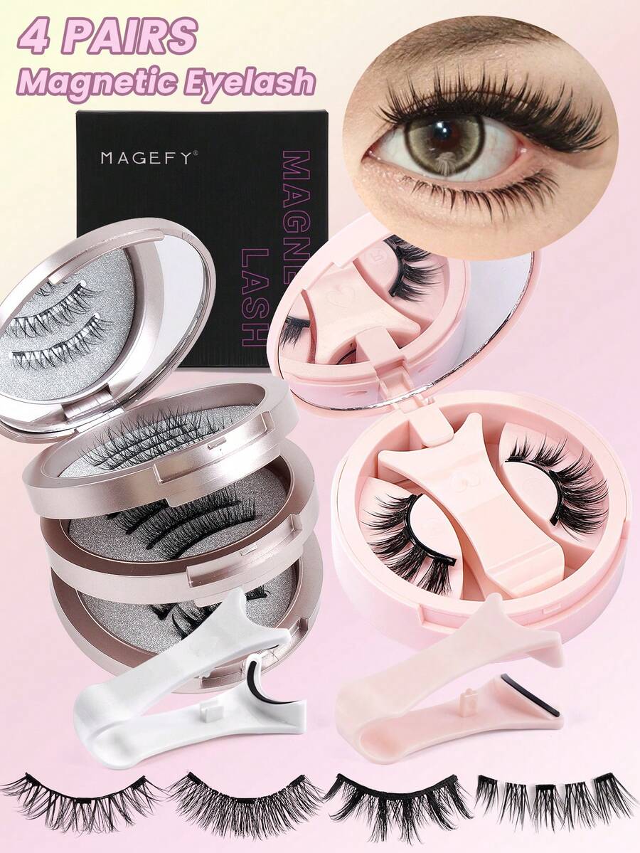 MAANGE 4副CC型卷翘磁性假睫毛，混合款式，无需胶水，自然可重复使用，7-12毫米仿貂毛质感，适合日常佩戴，防水，卡通风格睫毛拉长眼型，是2025年夏季旅行、海滩、露营的理想之选。