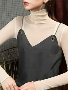 Blusa transparente de malla con cuello alto sexy para mujer, jersey ajustado de manga larga - Albaricoque - Ver 4