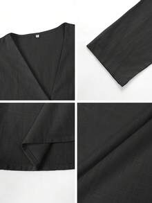 Vellofy Women's Summer Yellow Linen Casual 2-Piece Set, V-Neck Single Button Ruffle Top With Wide Leg Pants, Beach Vacation Style - Black - View 10