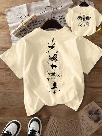 Women's Daily Black Line Drawing Of A Dragon-Shaped Decorative Pattern, Black Crescent Moon, Sun Constellation, Medieval Magic. Round Neck Short Sleeve Casual Spring/Fall/Summer T-Shirt Back-To-School Outfits For Women Tops For Women