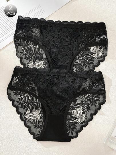2 chiếc quần lót ren xuyên thấu thoải mái, cạp trung, màu đen tươi mát và quyến rũ dành cho nữ.