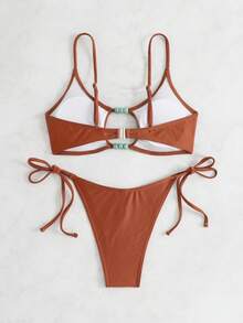 Hollow Design Solid Color Beaded Hollow Camisole Bikini Set Vacation Beach Summer - Brown - View 9