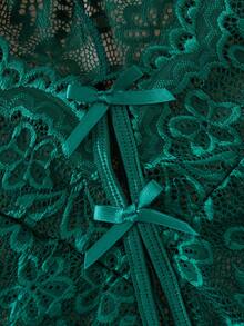 1pc Burgundy Lace Embroidered Backless Jumpsuit, Featuring Soft & Comfortable Open-Crotch Design, Bowknot Decor Sexy & Elegant, Suitable For All Seasons - Green - View 7