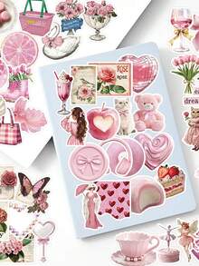50 piezas Pegatinas estéticas rosas para cuadernos, portátiles, fundas de teléfonos, equipaje, monopatines, cascos y decoración - A - Ver 6