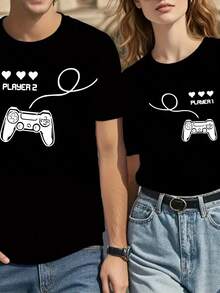 Camiseta de manga corta con cuello redondo para parejas, con estampado de letras de pareja, cómoda y elegante, adecuada para uso diario informal. - Mujeres - Negro - Ver 2