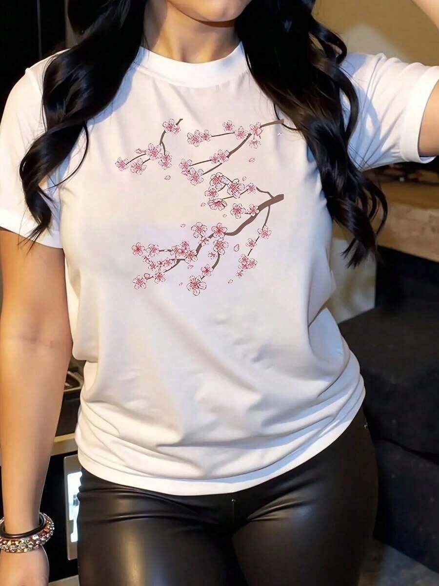 Camiseta de Mujer con Estampado de Ramas Florales de Cerezo para la Temporada de Primavera y Amantes de la Naturaleza, 220g - Negro - Ver 1