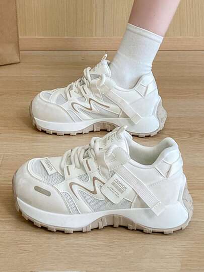 Women's Thick Sole New White Sneakers, Campus Style Lace-Up Casual Shoes, Outdoor Sports Shoes, Color Block Hollow Breathable Comfortable Soft Bottom Casual Sports Shoes, Floral Print Sports PU Leather Lace-Up Casual Athletic Shoes, Suitable For All Seasons