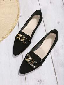 Breezelady Women's Casual Office Black Suede Flat Loafers, Gold Chain Decor Pointed Toe Slip On Daily All-Match Dress Shoes - 黑色 - 查看 2