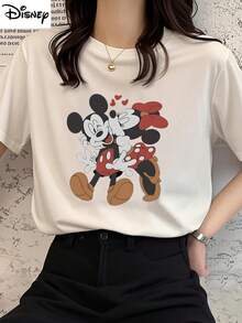 Disney (Loose Version)Cute Women's Short Sleeve Cotton Round Neck T-Shirt With Mickey And Minnie Mouse Print Short-Sleeved Round Neck Casual Shirt, Suitable For Summer And Spring, Holiday Gift Party Clothing, Ladies Clothing. - White - View 1