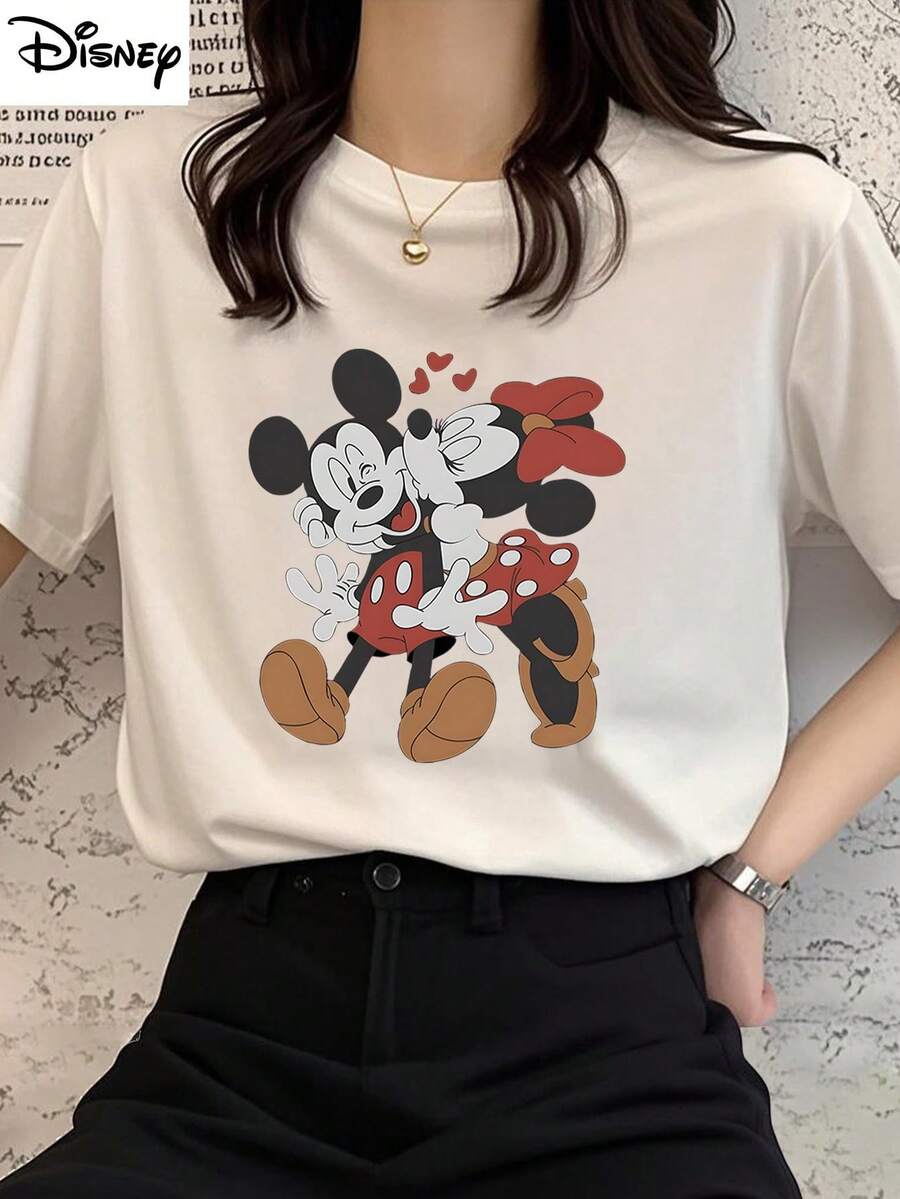 Disney (Loose Version)Cute Women's Short Sleeve Cotton Round Neck T-Shirt With Mickey And Minnie Mouse Print Short-Sleeved Round Neck Casual Shirt, Suitable For Summer And Spring, Holiday Gift Party Clothing, Ladies Clothing. - White - View 1