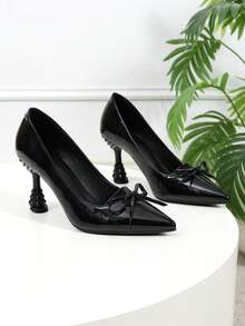 2026 New Elegant Women's Fashion Versatile High Heels, Black Patent Leather Pointed Toe Bowknot Asymmetric Heel Pumps, Sweet & Chic For Daily Commute - Black - View 10