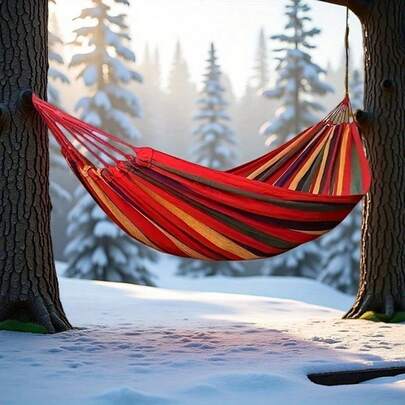 Esta hamaca portátil para exteriores incluye correas y una bolsa de almacenamiento portátil. Su tela a rayas de colores es resistente y duradera, ideal para patios, jardines y camping, permitiendo un descanso más estable y .