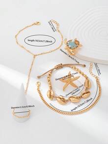 5pcs/Set Sea Turtle & Starfish Ring Set And Metal Shell Chain Bracelet Set, Summer Beach Boho Style Jewelry Set For Women - Multicolor - View 4