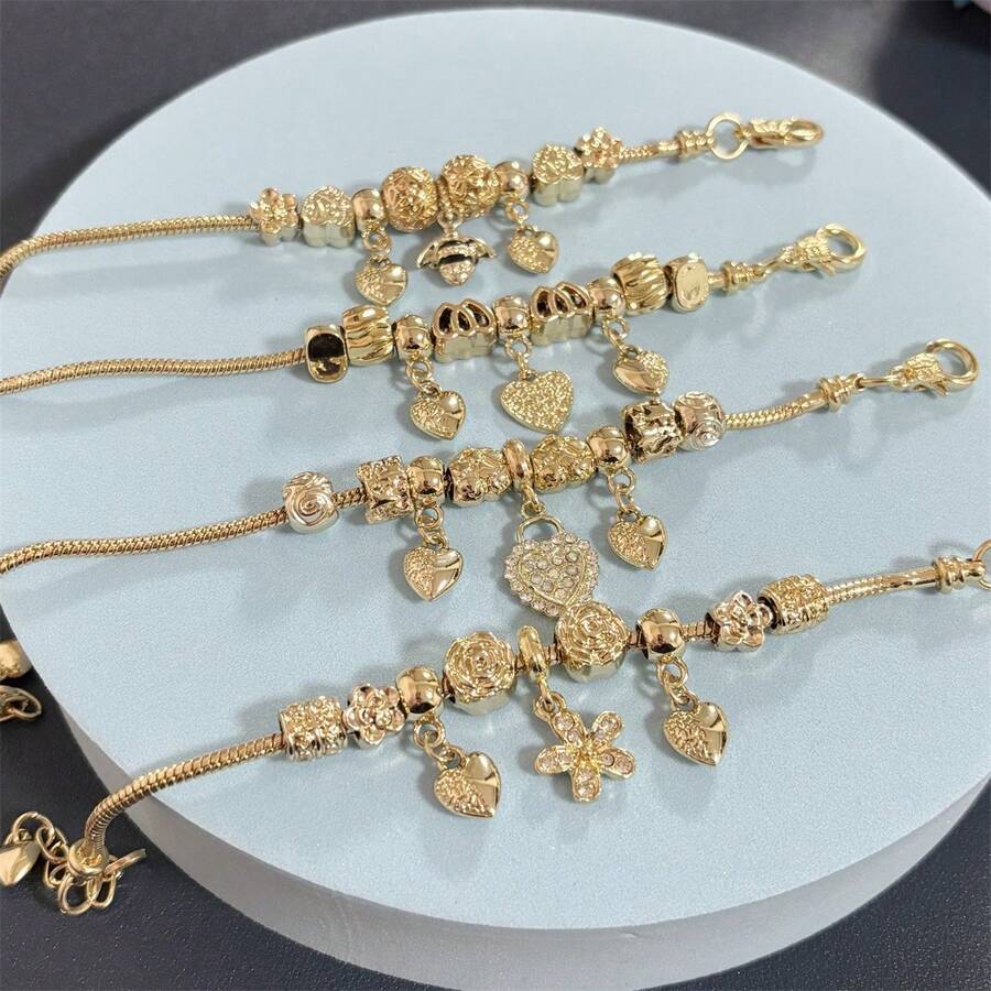 1条金色心形吊坠串珠手链，时尚闪亮饰品，可搭配友谊手链 - 金色 - 查看 1