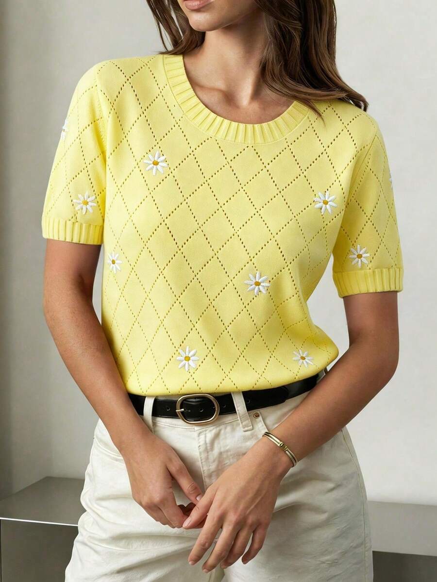 GIGOGOU Women's Fashion Embroidered Short Sleeve T-Shirt, Breathable Embroidered Knit T-Shirt Summer