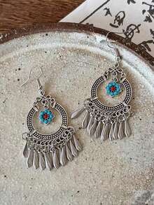 2 件花卉天然石耳环，波西米亚风金属彩色吊坠，女士日常派对休闲装配饰 - 彩色 - 查看 11