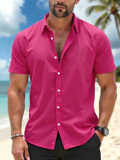 新款男士夏季衬衫，简约优雅风格短袖衬衫，天蓝色，休闲户外穿着，纽扣开合，弹力轻盈面料，适合夏季穿着