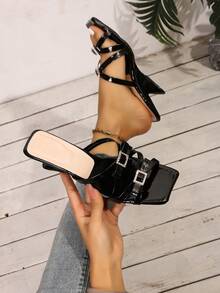 Women's Minimalist Metal Buckle Criss-Cross Peep Toe Chunky Heel Slip-On Casual Fashion Summer Sandals - Black - View 2