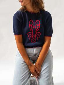 Women's Short Sleeve Lobster Print Knit Sweater, Decorated With Ruffle Hem And Contrast Collar, Regular Length Top For Summer Spring - Navy Blue - View 5