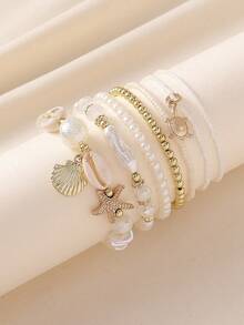 7pcs/Set Seashells, Pearls & Starfish Beads Layered Bracelet Set, Boho Stackable Design For Women, Beach Holiday Casual Wear, Random Shell Patterns, Great Gift Idea - White - View 4