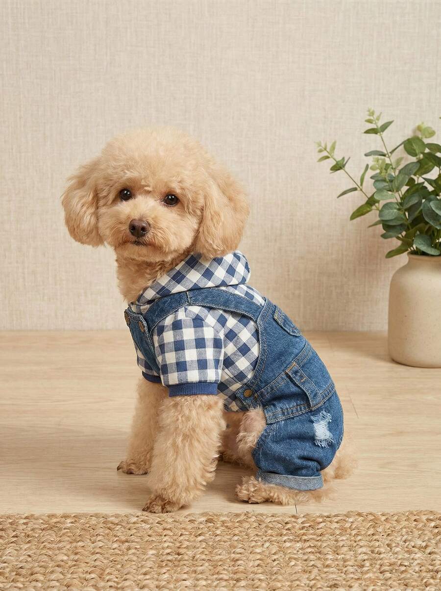 PETSIN 1 bộ quần áo liền thân 4 chân sọc cho thú cưng, quần yếm denim có dây đeo quần áo cho chó, quần áo cho thú cưng mùa xuân/hè - Màu xanh nhạt - Xem 1