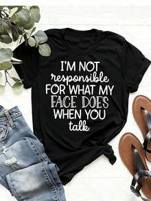Women I'M NOT RESPONSIBLE FOR WHAT MY FACE DOES WHEN YOU TALK Slogan Graphic Tee Round Neck Short Sleeve Casual Daily All Season Summer Tshirt - 黑色 - 查看 1