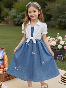 2pcs/Set Young Girls Summer New Solid Color Puff Sleeve Cardigan With Button Collar Casual Shirt + Bow Decor Suspender A-Line Casual Dress Set - Multicolor - View 3