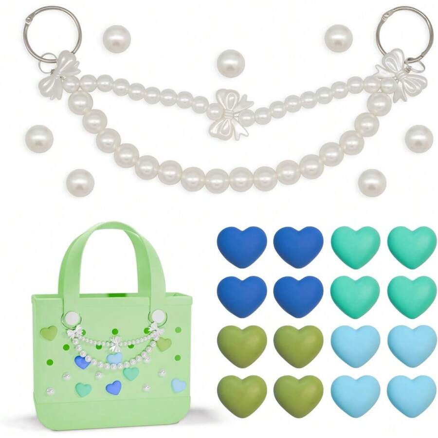 Charms, Pearls & Pearls Bow Chain Accessories For Beach Tote Bags, Decorative Add - Ons To Customize Bogg Bags And Similar Totes Beach Bag Decorations - Cold Color Heart - View 1