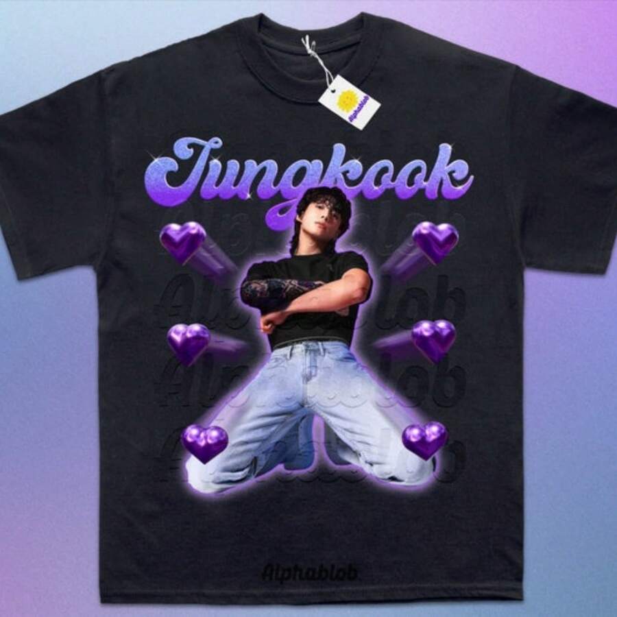Jun Gkook 3D Hearts 90s Vintage Shirt; Jung Kook Seven Shirt; Jun Gkook Golden Shirt; Jun Gkook Shirt Vi - 黑色 - 查看 1