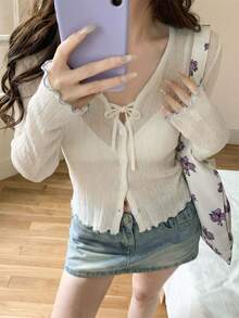 Women's Frill Trim Tie Front Lightweight Cover Up Sheer Cover Up Long Sleeve Top, Spring/Summer - White - View 2