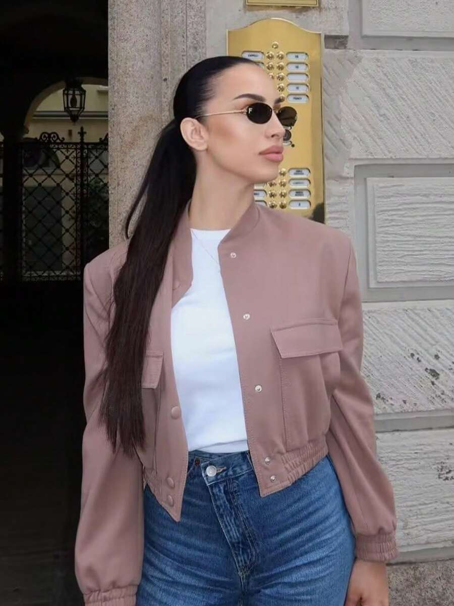 Women's Spring Casual Bomber Jacket With Large Pockets, Loose Fit Stand Collar Streetwear Coat - Watermelon Pink - View 1