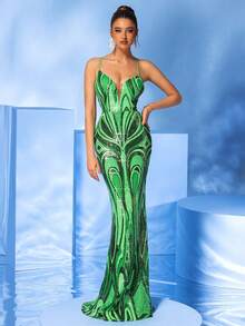 Green Geometric Pattern Sequin Sexy Deep V-Neck Mesh Splice Backless Crisscross Tie Back Party Evening Mermaid Dress (Front Top Half, Back Random Floral Pattern, Not Matched Placement) - Green - View 5
