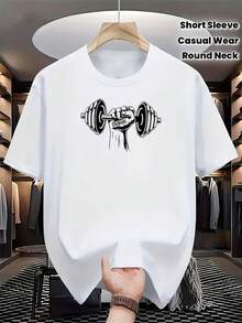 Camiseta de gimnasio para hombre con estampado de ejercicios y mancuernas - Camiseta casual de manga corta con cuello redondo para entrenamientos de verano y uso casual - Ideal para gimnasio y estiramientos - Blanco - Ver 1
