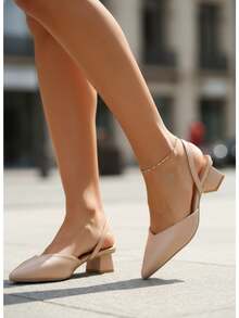 Zapatos de tacón para mujer color desnudo, punta afilada, talón descubierto con correa, tacón ancho, estilo francés versátil para diario - Albaricoque - Ver 1