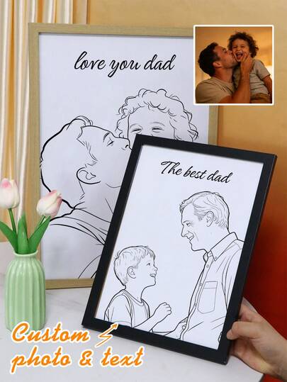 Custom Line Art Picture Frame From Photo, Personalized Family Portrait Wall Decor For Living Room Or Bedroom Display, Customized Minimalist Black And White Illustration Gift For Dad Husband Grandpa, Customizable Text Home Keepsake, Father'S Day, Birthday Or Anniversary, Meaningful Surprise Present