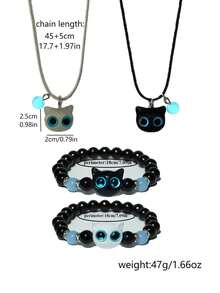 PHCOO 4件套夜光猫咪首饰套装 - 可调节串珠手链和多层项链，复古波西米亚风，饰有可爱猫咪吊坠，是情侣、朋友、万圣节、圣诞节的完美礼物。 - 彩色 - 查看 6