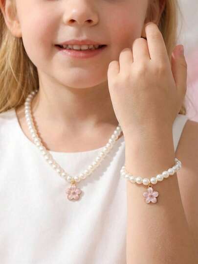 2pcs/Set Cute Minimalist Pink Flower Pendant Necklace & Bracelet, White Resin Pearl Chain Necklace & Bracelet, Jewelry Set For Teens, Gift For Friends & Family, Festival Party Accessories